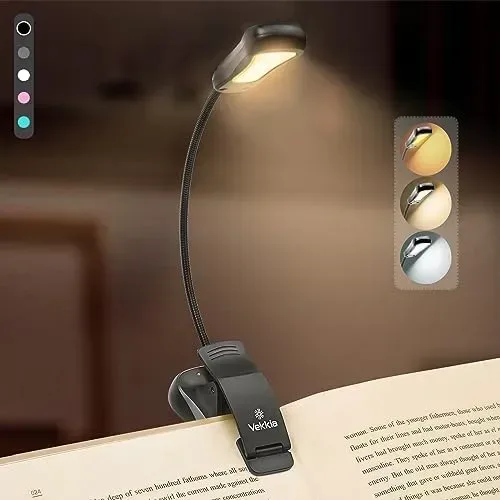 Portable book light clipped onto a book.