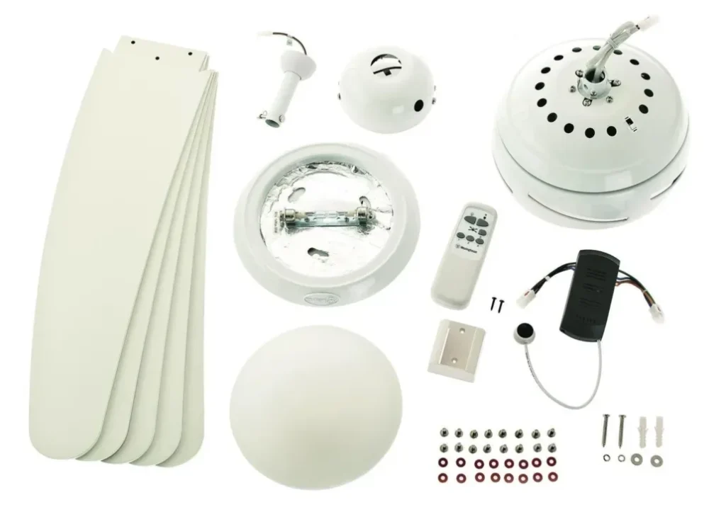 Accessories for ceiling fans, including remote controls and downrods.