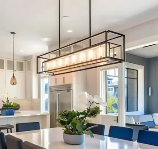 Elegant chandelier illuminating a living room.