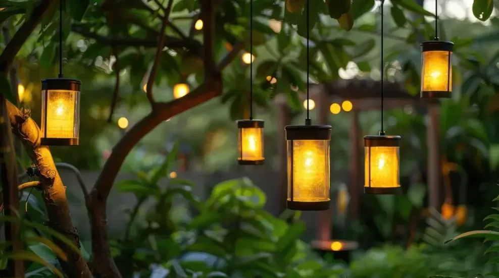 Garden lights illuminating flower beds.