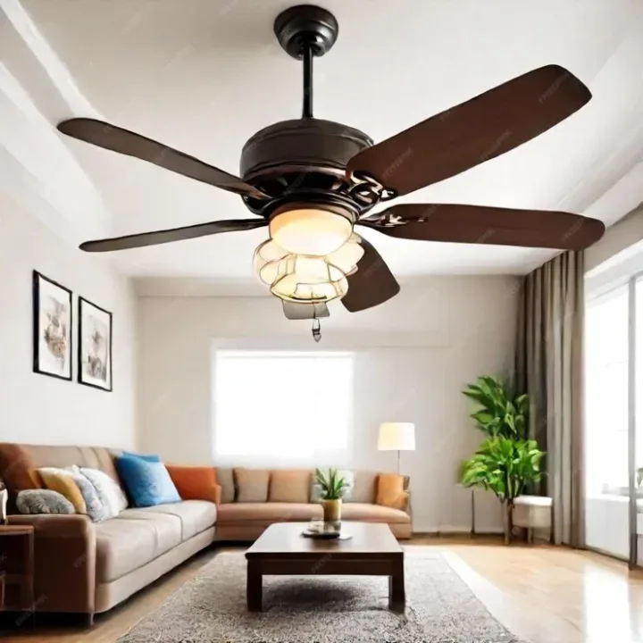 Ceiling fan with integrated lights in a living room.