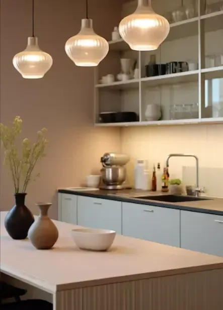 Pendant lights above a kitchen island.