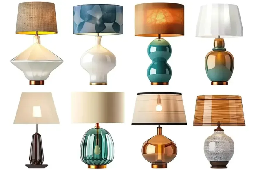 Variety of lamp shades in different shapes and colors.