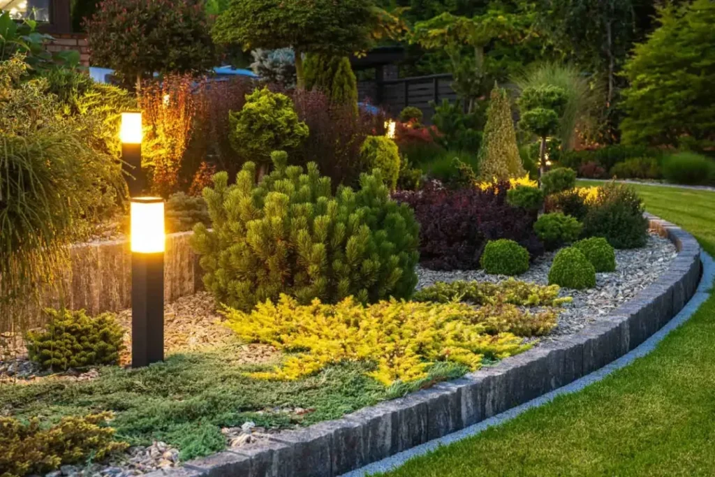 Landscape lighting highlighting garden features.