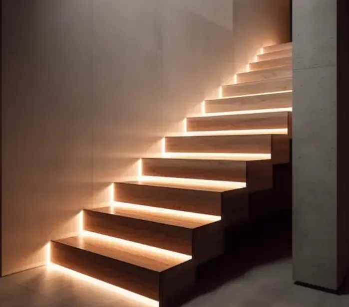 Step lights enhancing safety on a staircase.