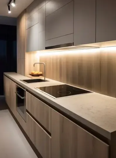 Under cabinet lights illuminating kitchen countertops.