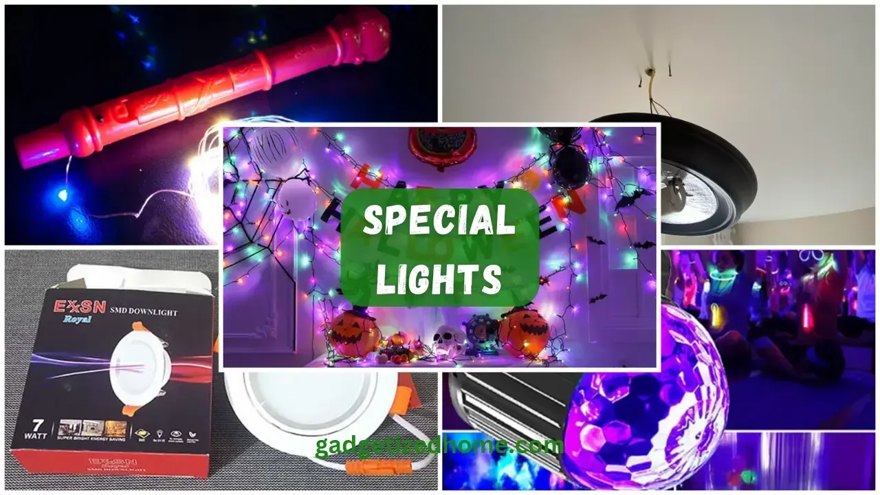 A collection of special purpose lighting options, including smart bulbs, energy-efficient lights, festive string lights, and solar lights, illuminating a cozy modern home.