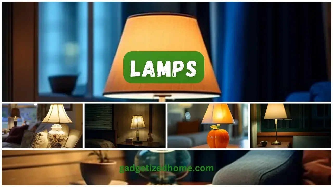 A stylish modern living room with various types of lamps, including a floor lamp, table lamp, and desk lamp, showcasing different lamp shades in elegant designs to enhance home decor and lighting.