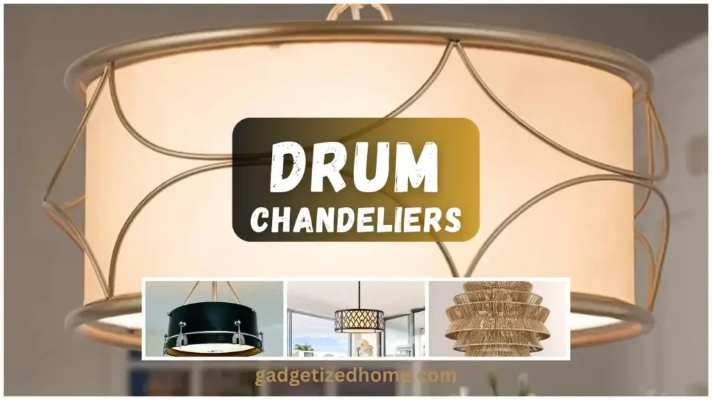 Drum chandelier with a cylindrical fabric shade, offering soft lighting for a cozy living room.