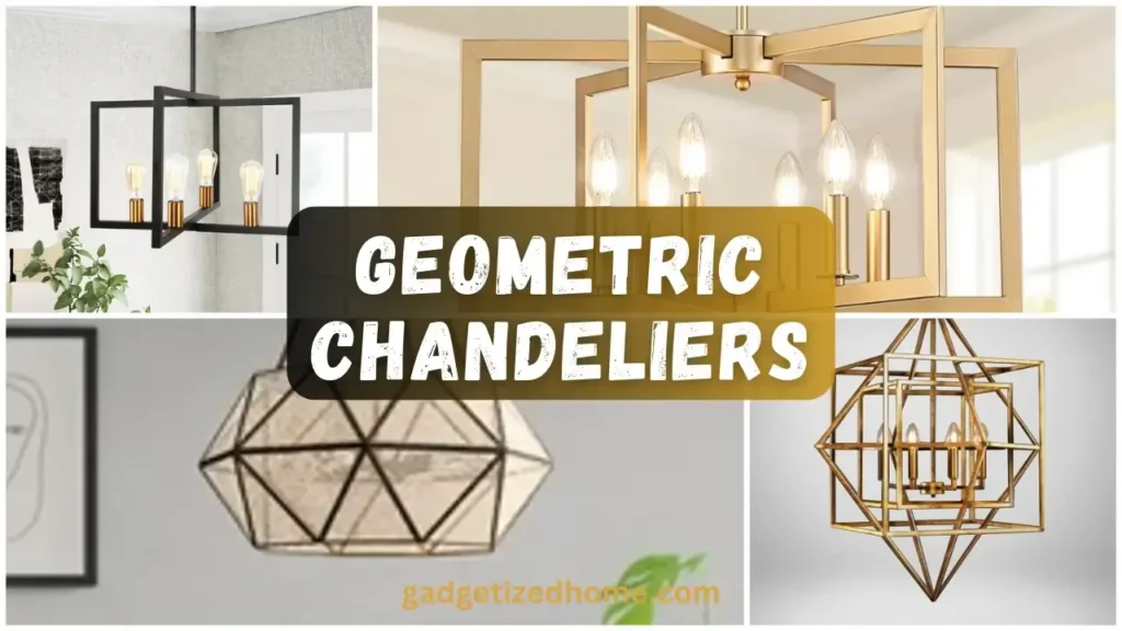 Bold geometric chandelier with angular metal framework and striking symmetry.