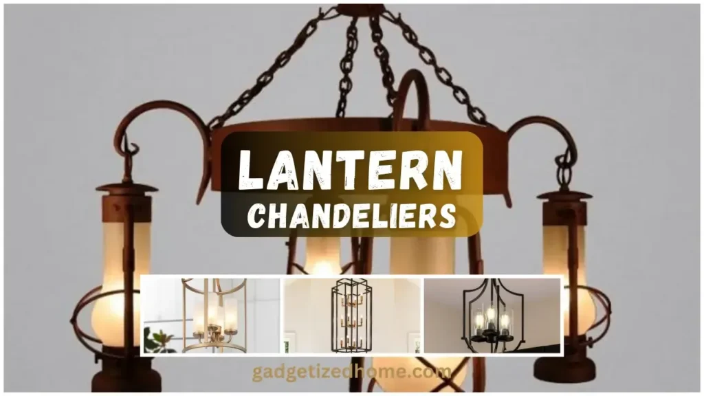 Lantern chandelier with a metal and glass frame, bringing a classic and warm look to a foyer or outdoor space.