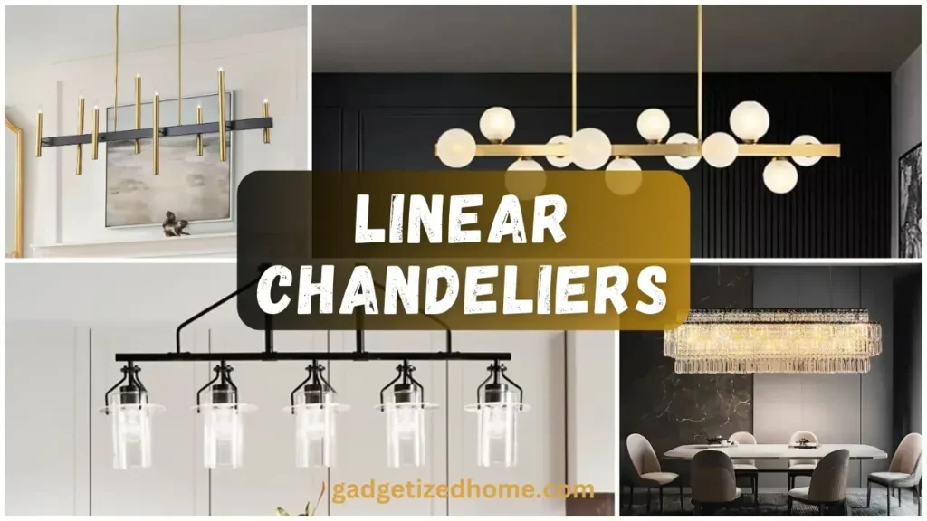 Sleek linear chandelier with elongated design perfect for dining tables or kitchen islands.