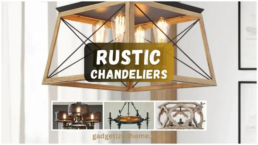 Rustic chandelier featuring wood and wrought iron elements, adding a natural, earthy aesthetic to a farmhouse dining area.