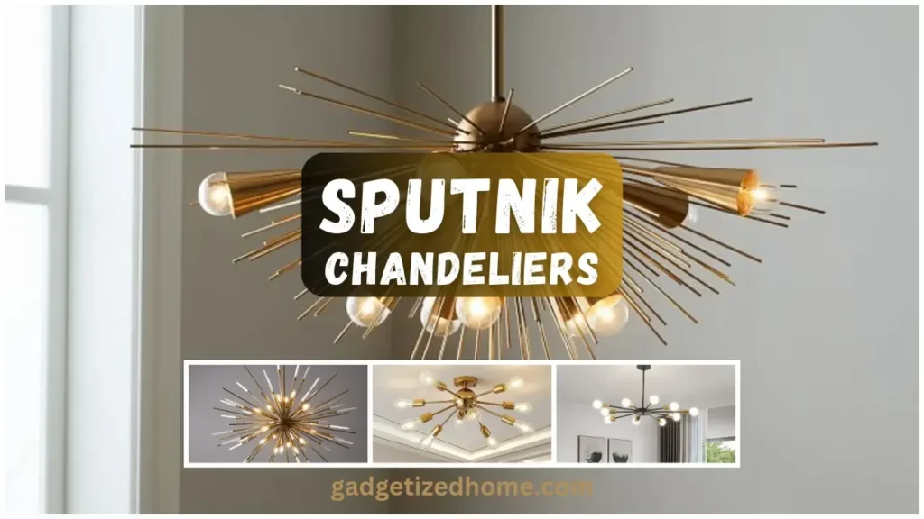 Mid-century modern Sputnik chandelier with a starburst design and exposed bulbs, creating a retro-modern vibe.