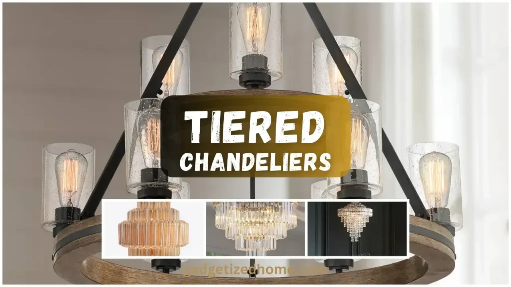 Tiered chandelier featuring multiple layers of crystal lights, perfect for enhancing the elegance of a large formal room.