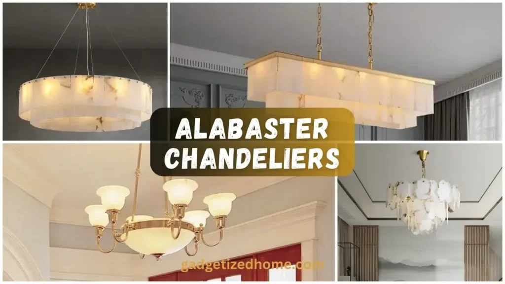 Elegant alabaster chandelier hanging in a modern living room, showcasing its soft, ambient glow and timeless design.