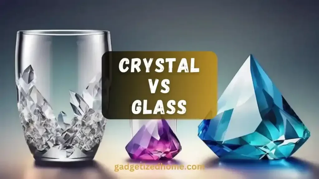 Visual comparison of Crystal Glass vs Crystal vs Glass, highlighting the differences in clarity, sparkle, and weight between the three materials.