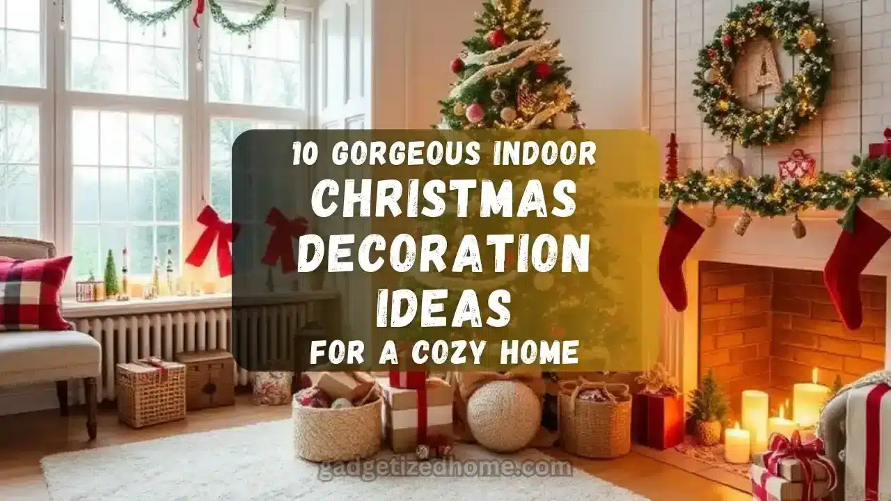 Festive living room with a beautifully decorated Christmas tree, glowing string lights, a holiday-themed mantel, and a cozy table centerpiece.