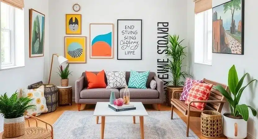 Living room decor featuring a geometric rug, potted plants, and personal framed photos.