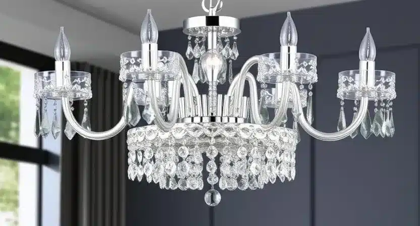 Adjustable crystal chandelier hanging over a dining table in a small space.