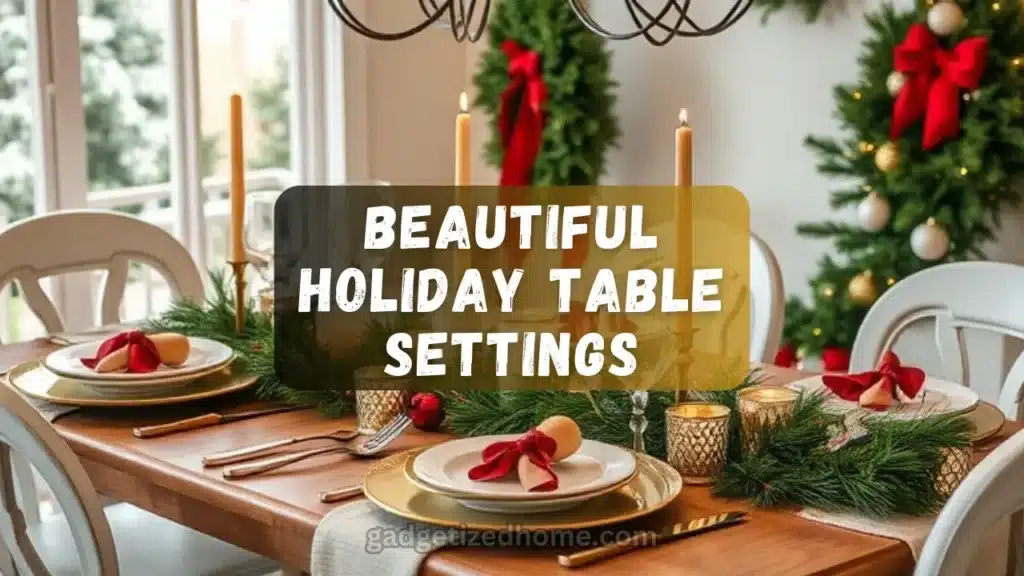 Elegant holiday table setting with festive dinnerware, gold flatware, and a centerpiece of candles and greenery.