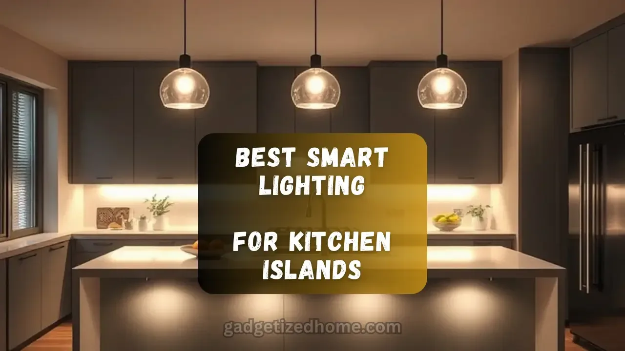 Smart lighting options for kitchen islands, showcasing modern pendant lights, smart bulbs, and light strips.