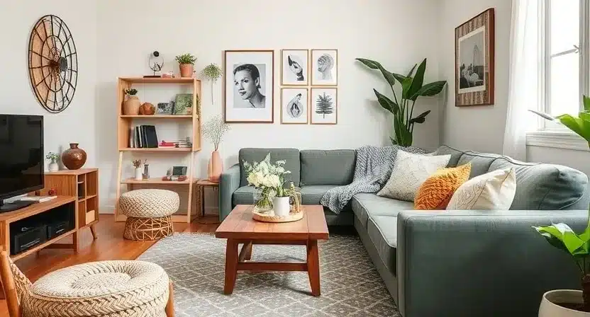 DIY wooden crate storage and upcycled coffee table in a cozy living room.