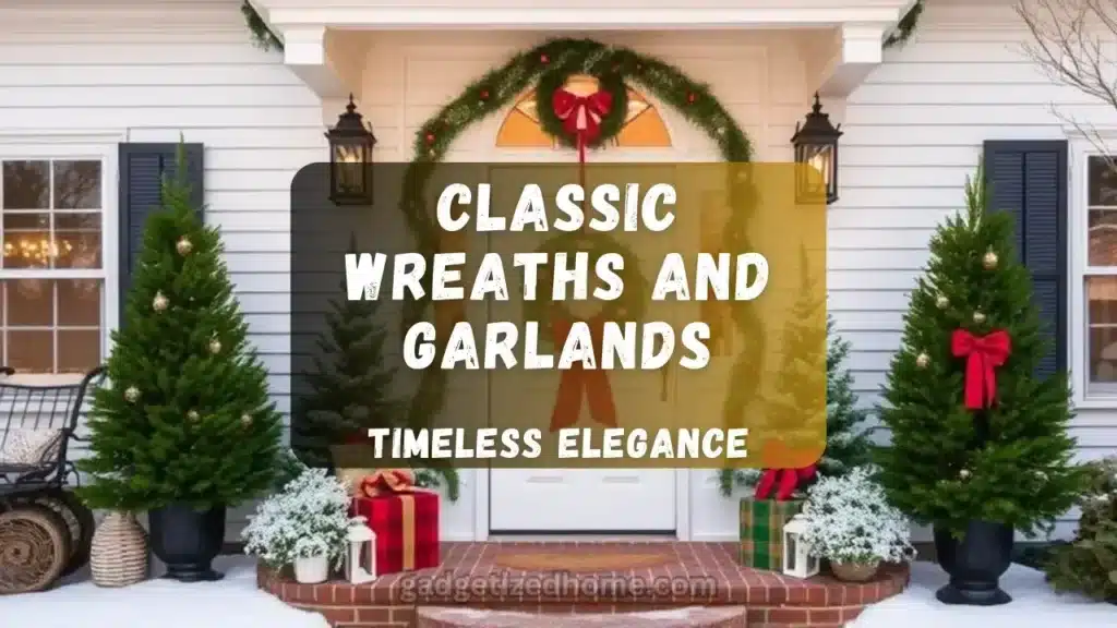 Elegant Christmas wreath with red berries, pinecones, and a festive red bow adorning a front door, paired with a matching garland draped around the doorway.