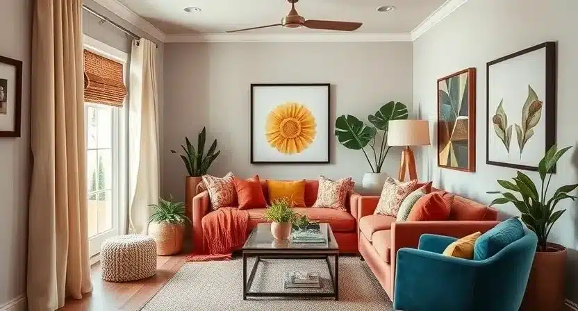 Bright small living room with light neutral walls and colorful throw pillows.