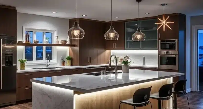 Combination of smart pendant lights and light strips for a layered lighting effect in the kitchen.