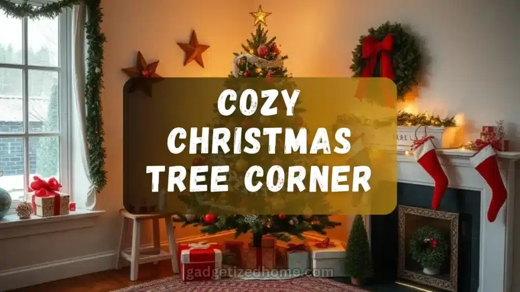 Warm and inviting Christmas tree corner with a glowing tree, wrapped gifts, and festive decorations creating a cozy holiday vibe.