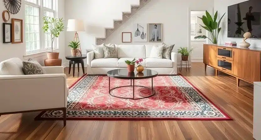 A small living room with a cozy seating area defined by a colorful rug and shelves creating separate zones.