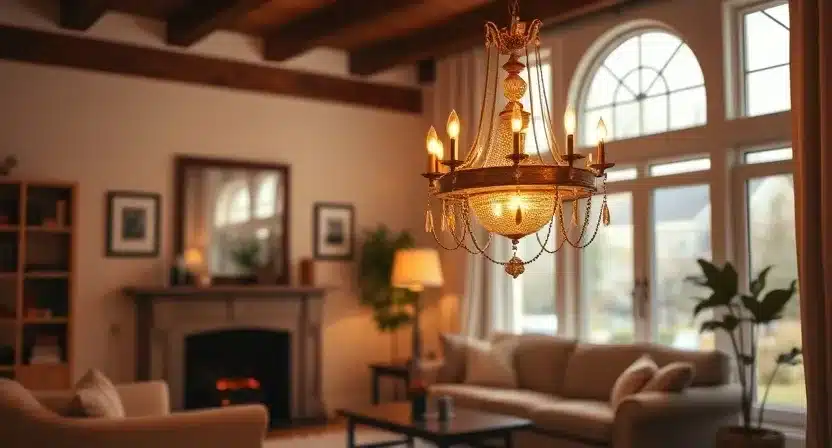 Chandelier providing soft, diffused light to create a cozy atmosphere.