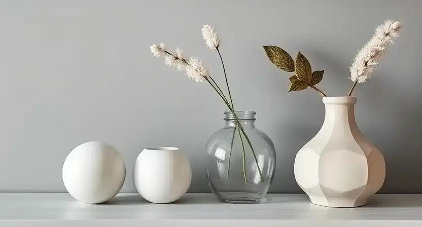 A simple small living room with a few minimalist decor items, like a piece of wall art and a small indoor plant.