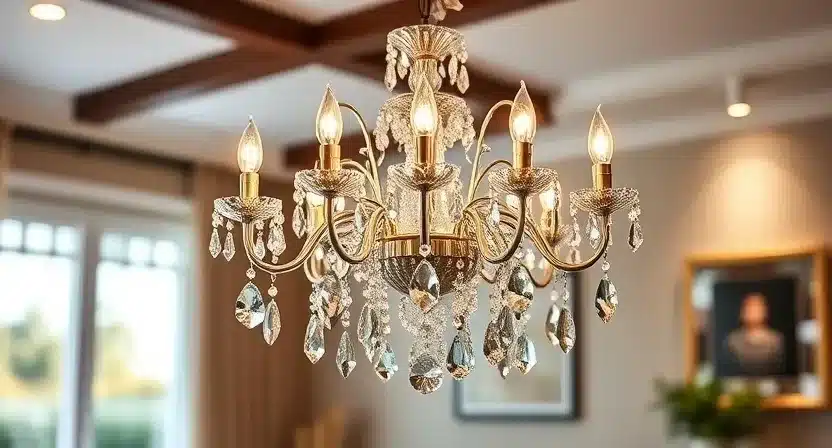 Dimmable crystal chandelier in a living room, setting the perfect ambiance.