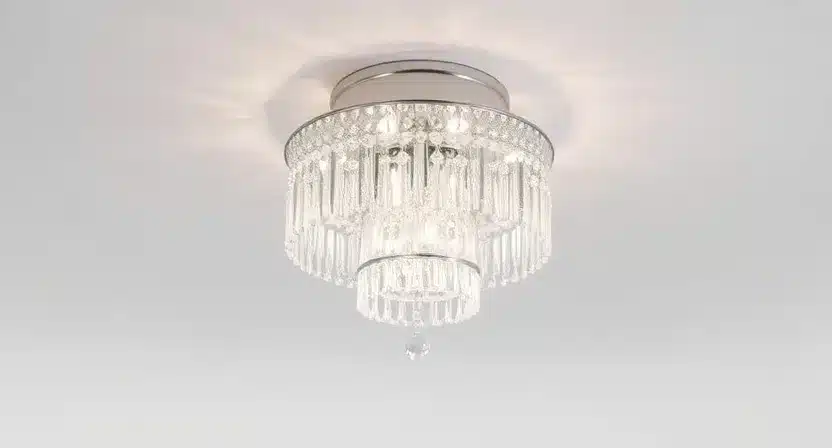 Flush mount crystal chandelier in a room with low ceilings, offering compact elegance.