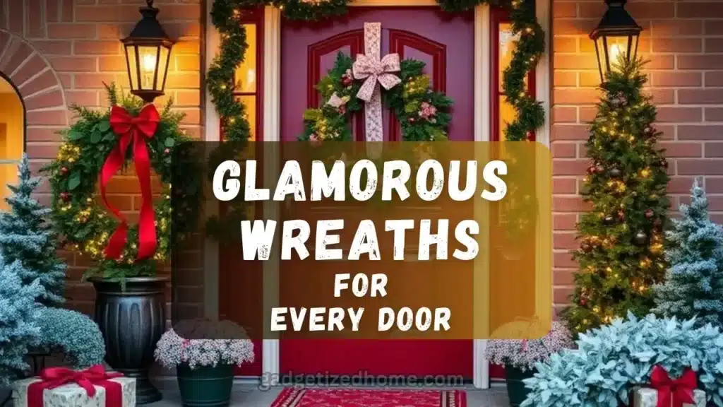 Stunning holiday wreath with gold accents, red ribbons, and pinecones, beautifully displayed on a front door.