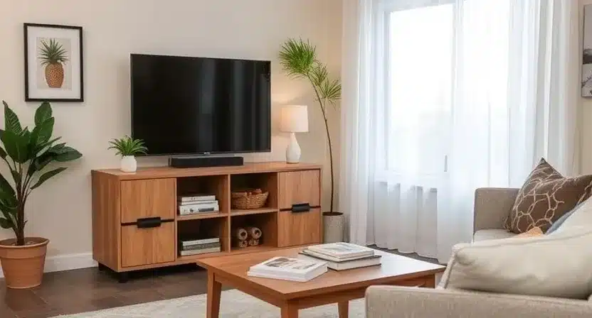 Under-sofa storage bins and an over-the-door organizer keeping a small living room clutter-free.