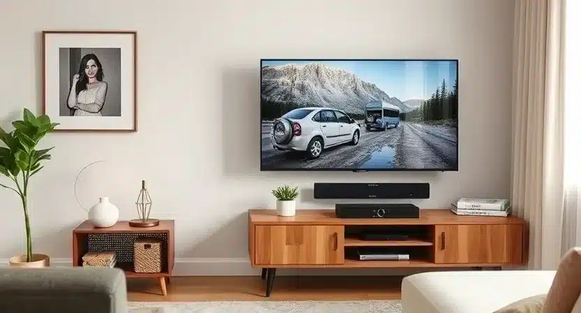 A wall-mounted TV in a small living room with a slim console holding media accessories.