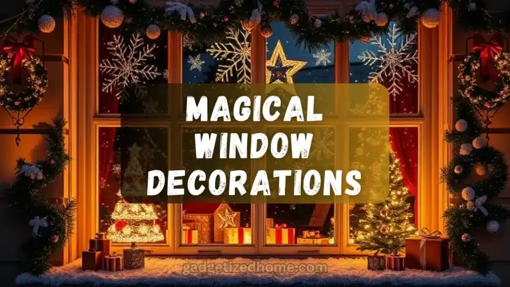 Charming window adorned with twinkling string lights, hanging ornaments, and festive garlands for a magical holiday display.