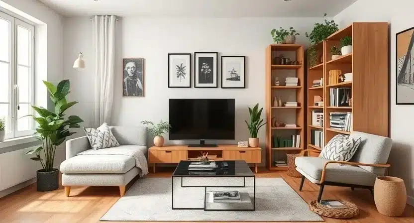 Floating shelves on a wall with books, plants, and decor items, alongside a wall-mounted cabinet in a small living room.