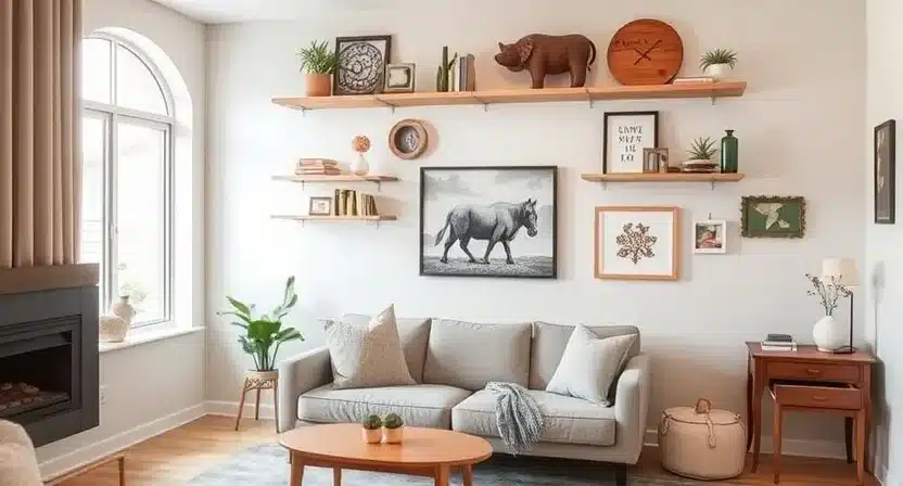 Living room with floating shelves and wall-mounted lighting.