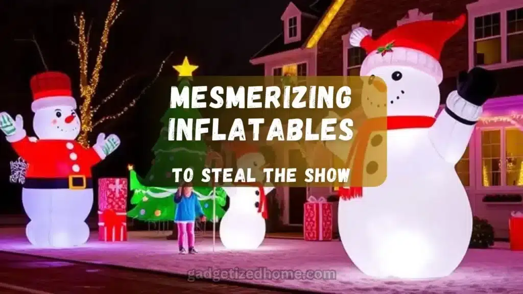 Festive inflatable Santa with sleigh and reindeer glowing with bright LED lights in a snow-covered yard, creating a magical holiday atmosphere.