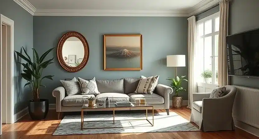 A small living room with neutral-colored furniture, a light area rug, and a large mirror reflecting natural light.