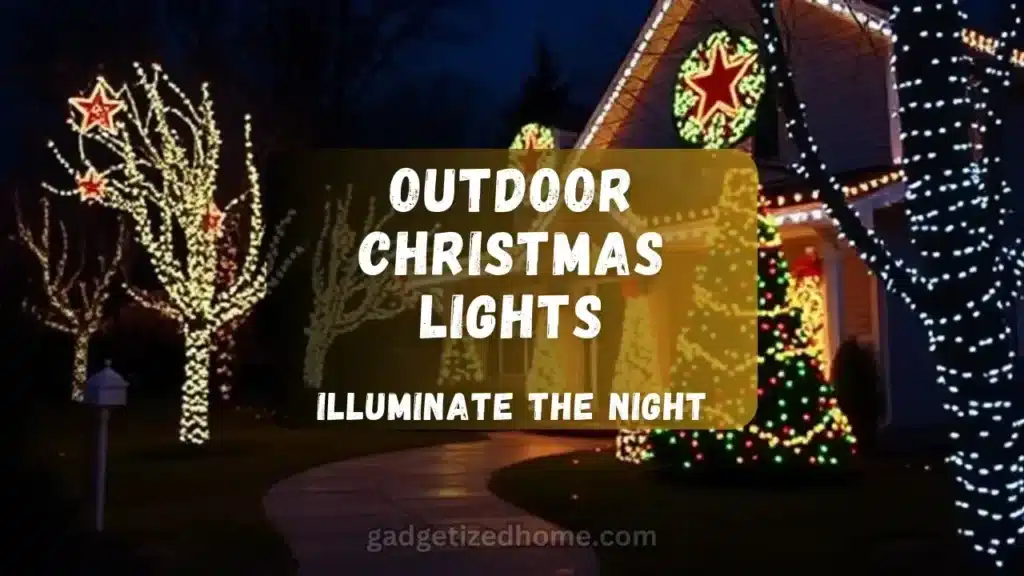 Beautiful outdoor Christmas lights illuminating a house and trees, featuring colorful string lights, glowing icicle lights, and a starry projection on the lawn.