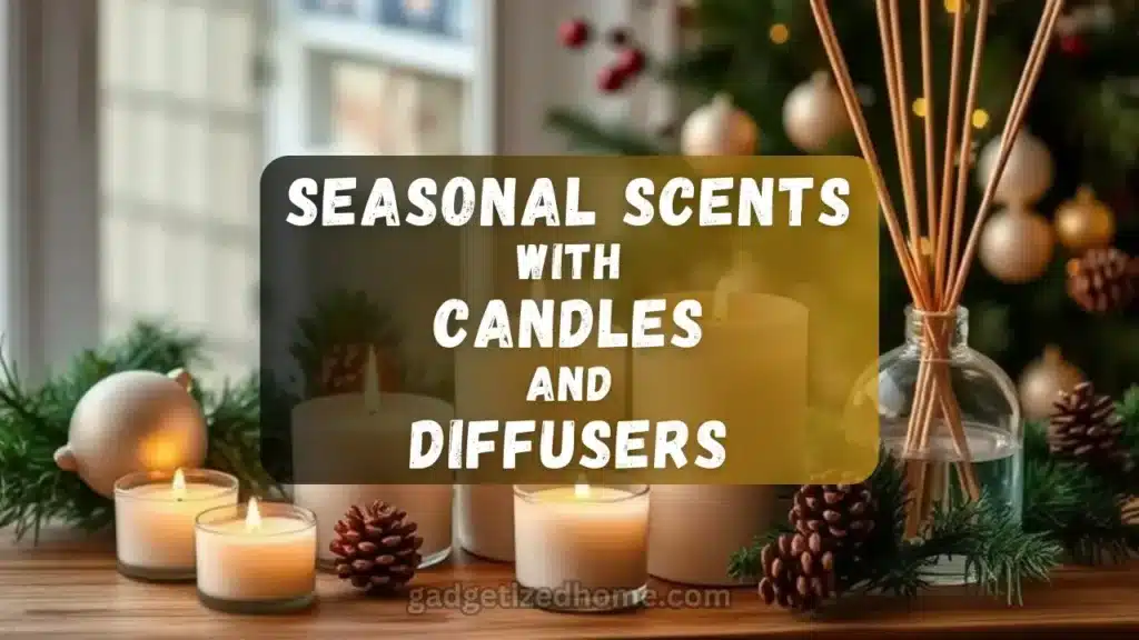 Holiday-themed candles and diffusers on a cozy table, filling the room with warm, seasonal scents like cinnamon and pine.