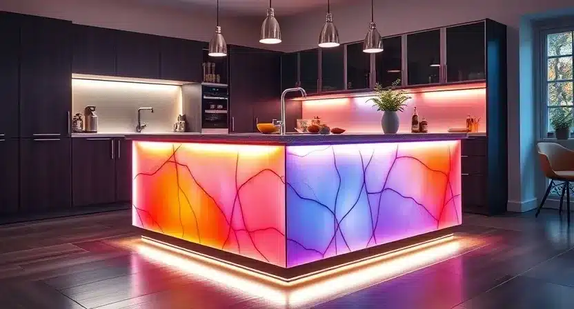 Smart light strips placed under a kitchen island, creating ambiance and accent lighting.