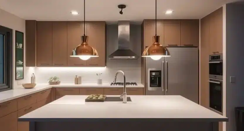 Smart pendant lights above a kitchen island, offering task lighting and style.