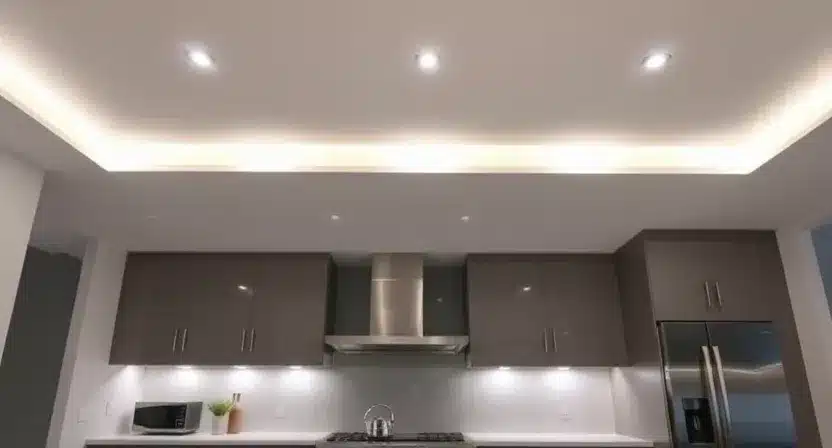 Smart recessed lights installed in a kitchen ceiling, offering clean, focused task lighting.