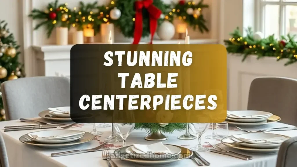 Elegant holiday table centerpiece with candles, pinecones, and greenery arranged on a festive dining table.